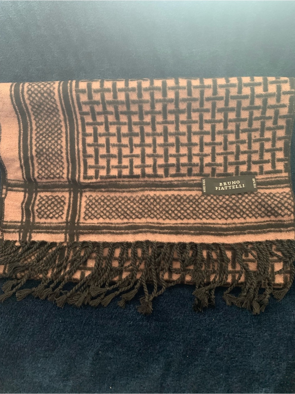 Vintage Bruno Piattelli 100% Silk Brown & Black Geometric Fringe Scarf